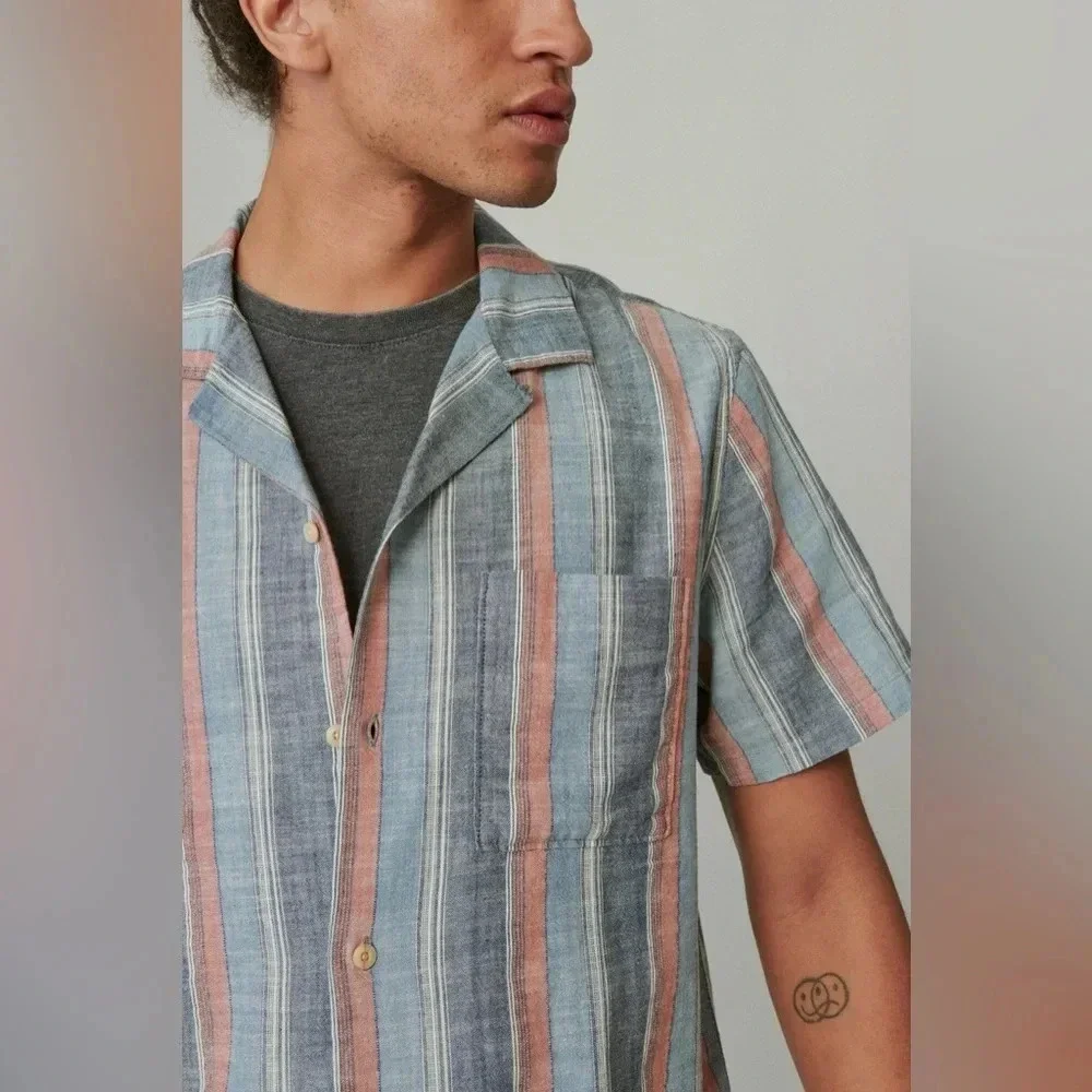 Lucky Brand Striped Short Sleeve Camp Collar Shirt - Size S - Blue/Red - NWT - Picture 3 of 12